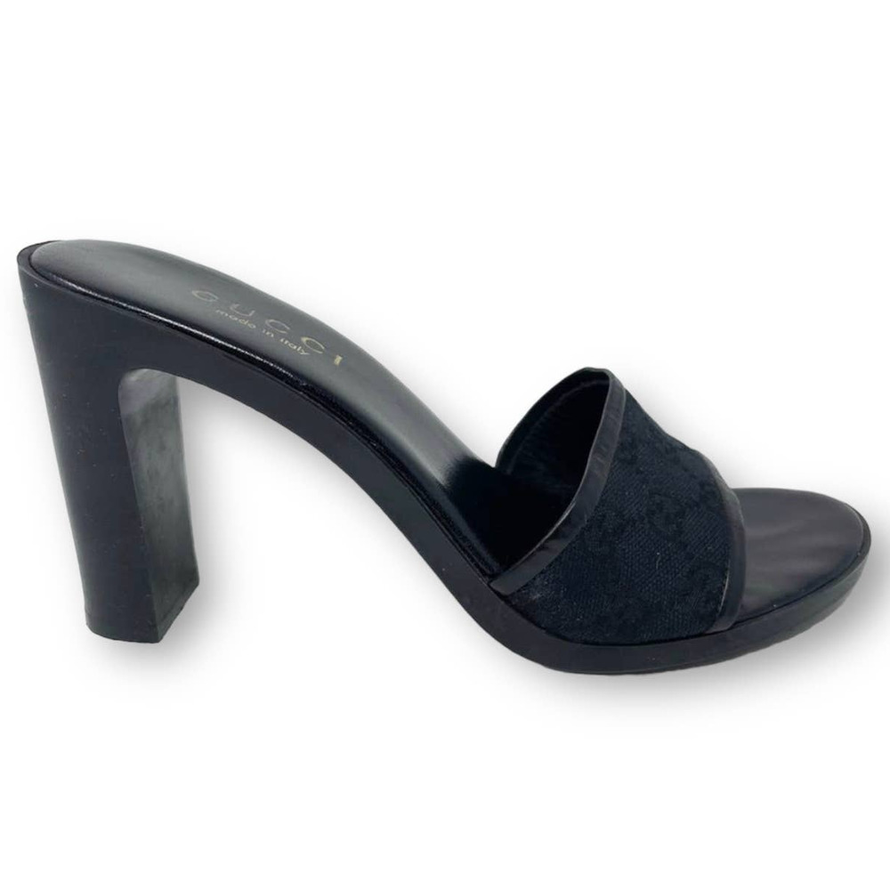Gucci GG Monogram Logo Open Toe Mules Heels Sandals Slippers Slides Black US 8